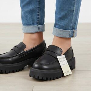 Comfort Black Memory Foam Platform Penny Loafers with Chunky Lug Sole